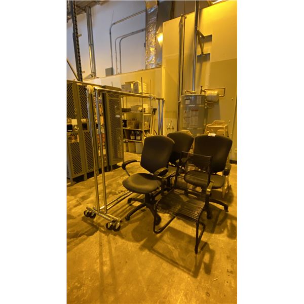 3 OFFICE CHAIRS, BLACK SIDE CHAIR 4 CHILDS WOODEN HIGH CHAIRS AND 2