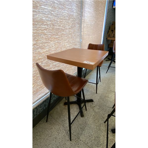 SMALL COUNTER HEIGHT BAR/BISTRO TABLE WITH 2 BROWN LEATHER UPHOLSTERED CHAIRS -