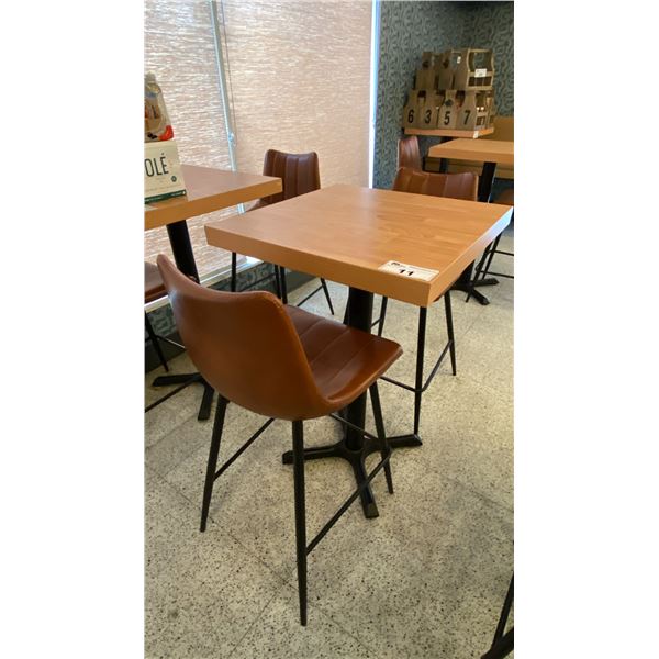 SMALL COUNTER HEIGHT BAR/BISTRO TABLE WITH 2 BROWN LEATHER UPHOLSTERED CHAIRS -
