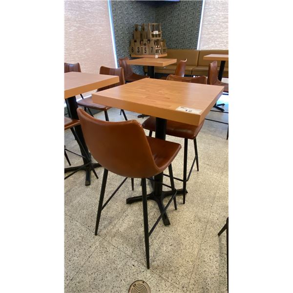 SMALL COUNTER HEIGHT BAR/BISTRO TABLE WITH 2 BROWN LEATHER UPHOLSTERED CHAIRS -