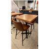 Image 2 : SMALL COUNTER HEIGHT BAR/BISTRO TABLE WITH 2 BROWN LEATHER UPHOLSTERED CHAIRS -
