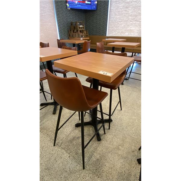 SMALL COUNTER HEIGHT BAR/BISTRO TABLE WITH 2 BROWN LEATHER UPHOLSTERED CHAIRS -