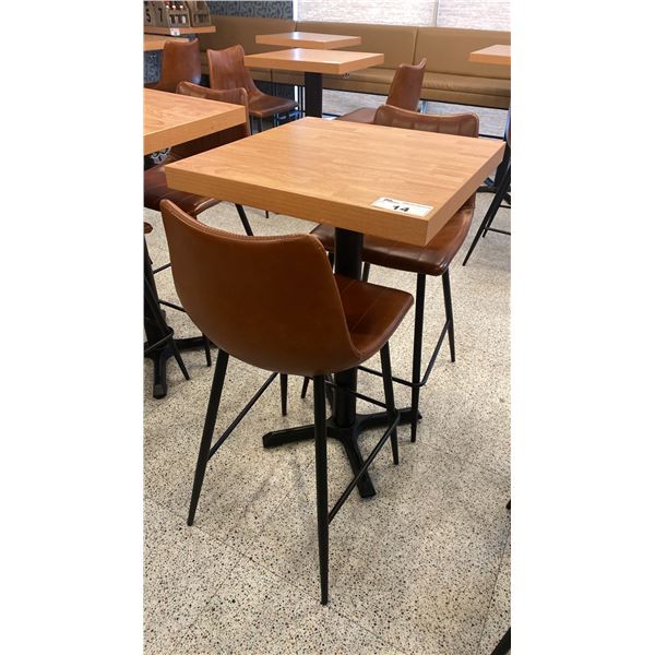 SMALL COUNTER HEIGHT BAR/BISTRO TABLE WITH 2 BROWN LEATHER UPHOLSTERED CHAIRS -