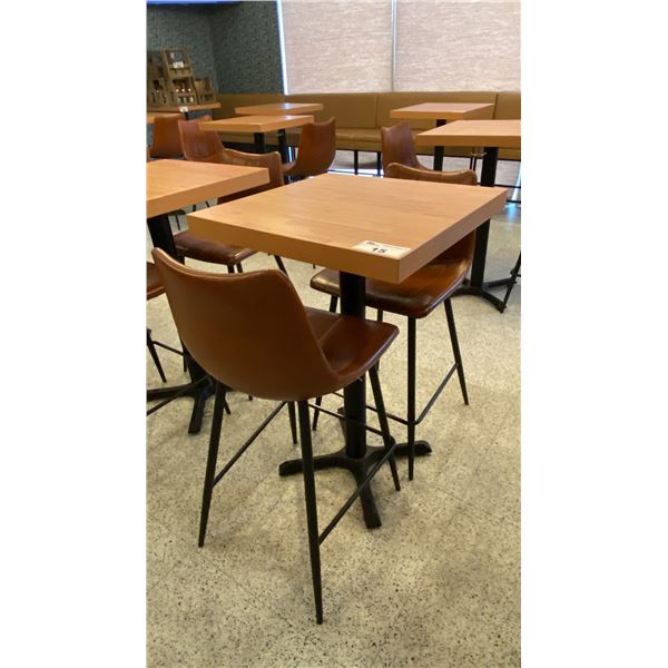 SMALL COUNTER HEIGHT BAR/BISTRO TABLE WITH 2 BROWN LEATHER UPHOLSTERED CHAIRS -