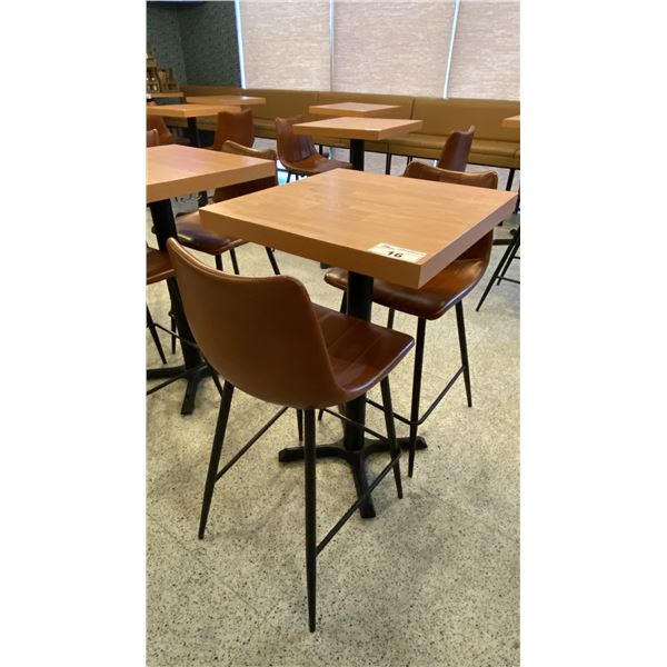 SMALL COUNTER HEIGHT BAR/BISTRO TABLE WITH 2 BROWN LEATHER UPHOLSTERED CHAIRS -