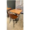 Image 2 : SMALL COUNTER HEIGHT BAR/BISTRO TABLE WITH 2 BROWN LEATHER UPHOLSTERED CHAIRS -
