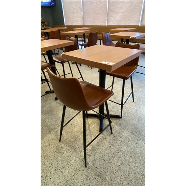 SMALL COUNTER HEIGHT BAR/BISTRO TABLE WITH 2 BROWN LEATHER UPHOLSTERED CHAIRS -