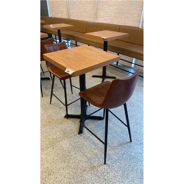 SMALL COUNTER HEIGHT BAR/BISTRO TABLE WITH 2 BROWN LEATHER UPHOLSTERED CHAIRS -