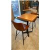 Image 2 : SMALL COUNTER HEIGHT BAR/BISTRO TABLE WITH 2 BROWN LEATHER UPHOLSTERED CHAIRS -