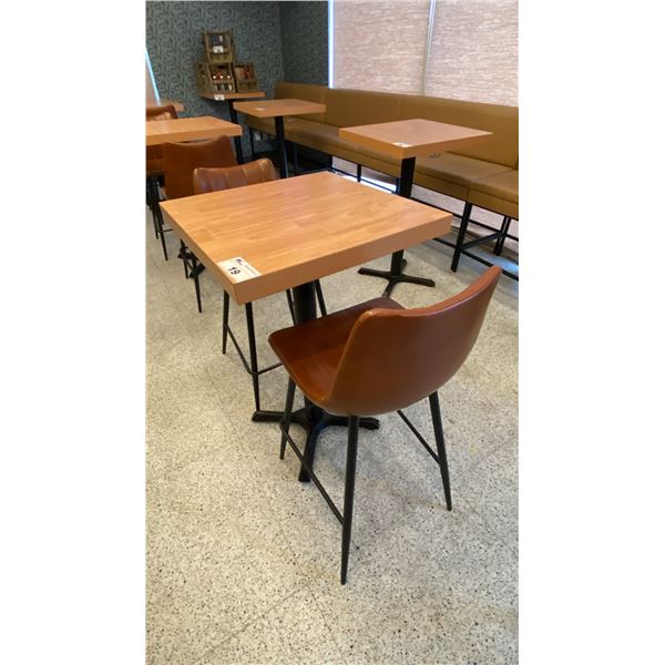 SMALL COUNTER HEIGHT BAR/BISTRO TABLE WITH 2 BROWN LEATHER UPHOLSTERED CHAIRS -