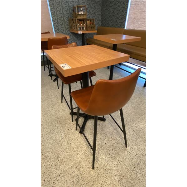 SMALL COUNTER HEIGHT BAR/BISTRO TABLE WITH 2 BROWN LEATHER UPHOLSTERED CHAIRS -