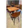 Image 1 : SMALL COUNTER HEIGHT BAR/BISTRO TABLE WITH 2 BROWN LEATHER UPHOLSTERED CHAIRS -