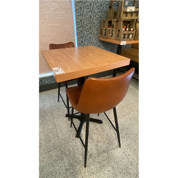 SMALL COUNTER HEIGHT BAR/BISTRO TABLE WITH 2 BROWN LEATHER UPHOLSTERED CHAIRS -