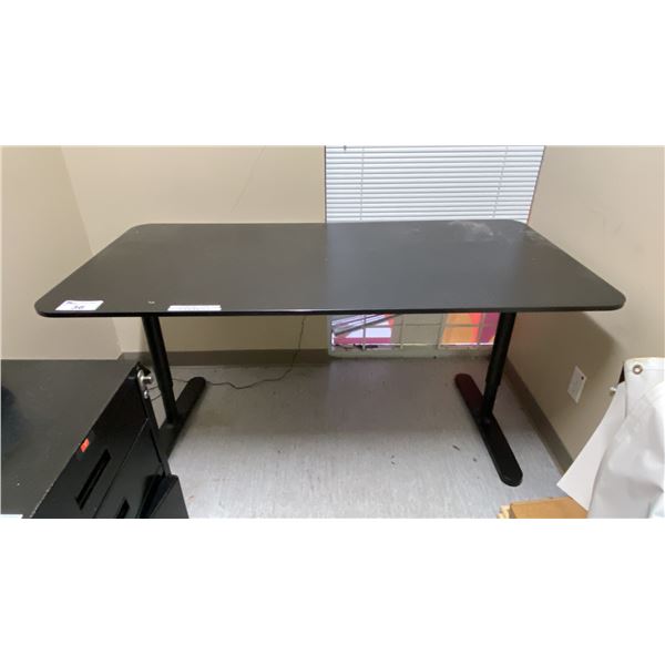BLACK ADJUSTABLE HEIGHT OFFICE DESK - APPROX. 63" ACROSS X 31 1/2" WIDE