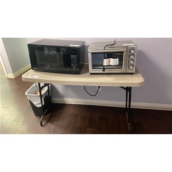 WHITE 2 DOOR FRIDGE, BLACK DANBY MICROWAVE, STAINLESS STEEL KITCHENAID TOASTER OVEN,
