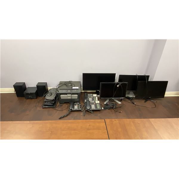 GROUP OF ASSORTED OFFICE ELECTRONICS - 4 MONITORS, BROTHER PRINTER, SMALL STEREO,