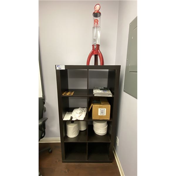 OFFICE WHITEBOARD IN WALL MOUNT CABINET AND BLACK SHELF UNIT WITH CONTENTS