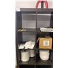 Image 3 : OFFICE WHITEBOARD IN WALL MOUNT CABINET AND BLACK SHELF UNIT WITH CONTENTS