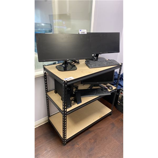 SMALL SHELF UNIT AND CONTENTS -3 COMPUTER MONITORS, 2 KEYPADS WITH MOUSE AND