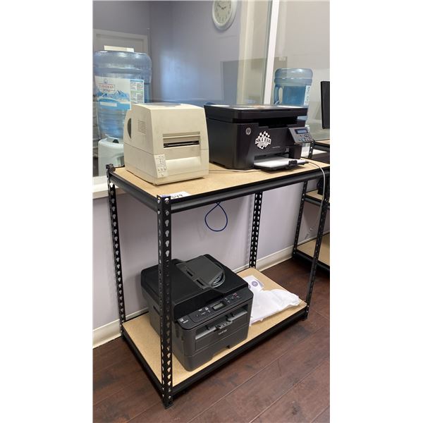 SMALL SHELF UNIT AND CONTENTS - HP LASER JET PRO PRINTER, BROTHER DCP PRINTER AND