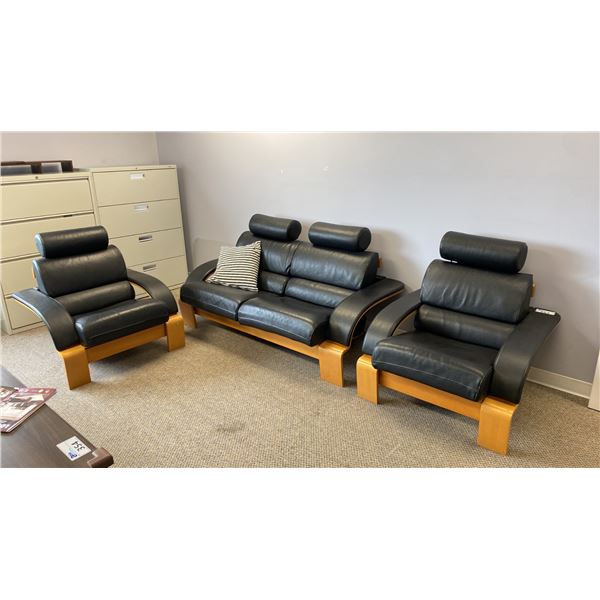 3PCS. BLACK LEATHER SOFA AND CHAIRS SET