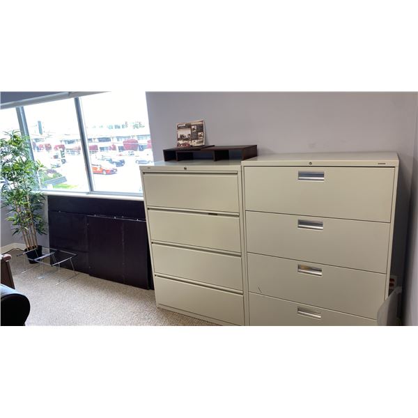 GROUP OF ASSORTED OFFICE ITEMS - 4 FILING CABINETS, DIS-ASSEMBLED DESK, DESK WORK STATION,