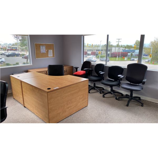 3PCS. OFFICE DESK, 5 OFFICE CHAIRS, 4 DRAWER LATERAL FILING CABINET AND SMALL BLACK METAL