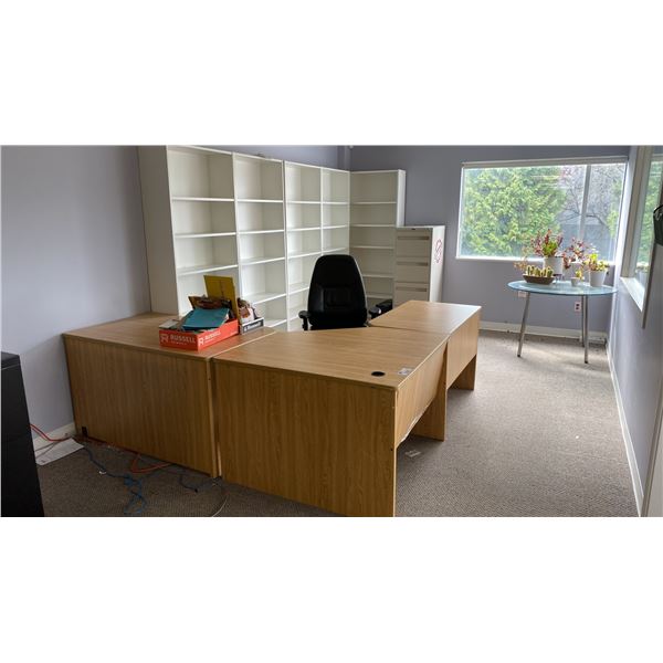 3PCS. OFFICE DESK, 5 WHITE BOOKSHELVES, OFFICE CHAIR, 4 DRAWER FILING CABINET, ROUND GLASS
