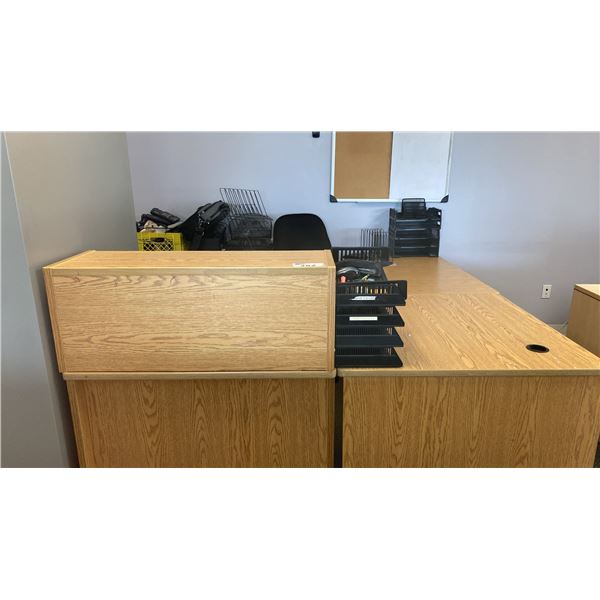 3PCS. OFFICE DESK , 2 METAL FILING CABINETS, WOODEN CABINET, OFFICE CHAIR AND ASSORTED