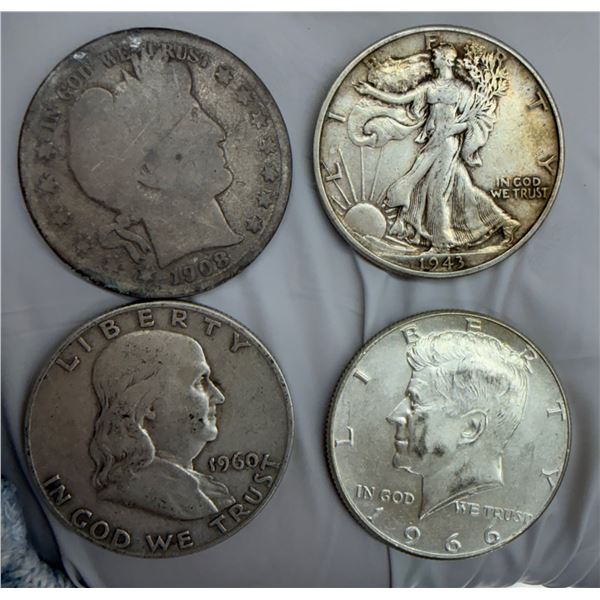 FOUR DESIGNS OF THE US HALF DOLLAR: BARBER SILVER HALF DOLLAR - 1908O; WALKING LIBERTY SILVER HALF D