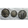 Image 14 : THREE COINS FROM 1910S: STANDING LIBERTY SILVER QUARTER, S; BARBER SILVER DIME, 1916S; BUFFALO (INDI