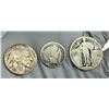 Image 1 : THREE COINS FROM 1910S: STANDING LIBERTY SILVER QUARTER, S; BARBER SILVER DIME, 1916S; BUFFALO (INDI