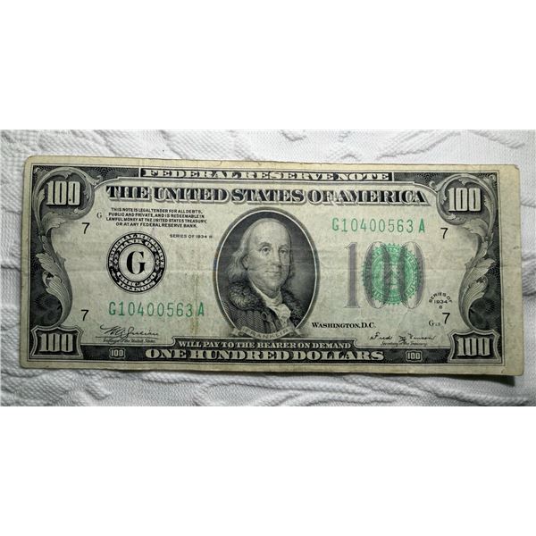 $100 UNITED STATES FEDERAL RESERVE NOTE – SERIES OF 1934B, LIGHT GREEN TREASURY SEAL - ISSU