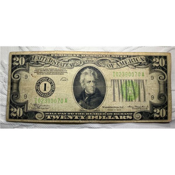 $20 UNITED STATES FEDERAL RESERVE NOTE – SERIES OF 1934B, LIGHT GREEN TREASURY SEAL - ISSUE