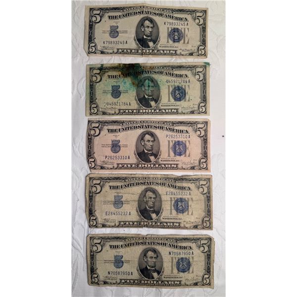 $5 SILVER CERTIFICATES - SERIES 1934A, 1934C, 1934D; BLUE TREASURY SEAL AND SERIAL NUMBERS AND BLUE 