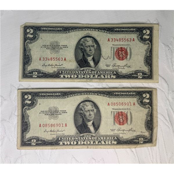 $2 UNITED STATES NOTE - SERIES 1953 - RED TREASURY SEAL; LOT OF 2