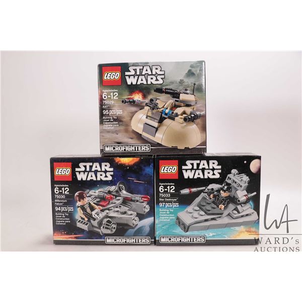 Three Lego "Star Wars" Microfighters sets including no. 75029, 75030 and 75033, all in new in factor