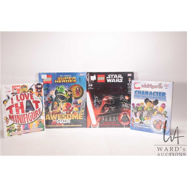 Four factory sealed Lego books including DC Comics Super Heroes "The Awesome Guide" with Minifigure,
