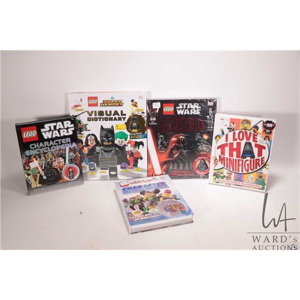 Five Lego books including "DC Super Heroes" Visual Dictionary with Minifigure, "Character Encycloped