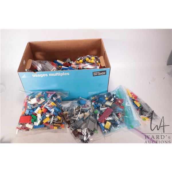 Box of assorted Lego bricks, Minifigures, accessories and bases