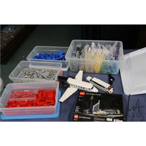 Box containing plastic tubs of colour sorted Lego building bricks plus no. 60102 Lego Airport V.I.P.