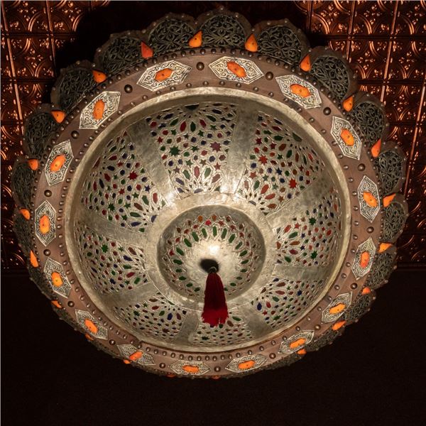 Moroccan Pierced Brass & Stained Glass Lamp