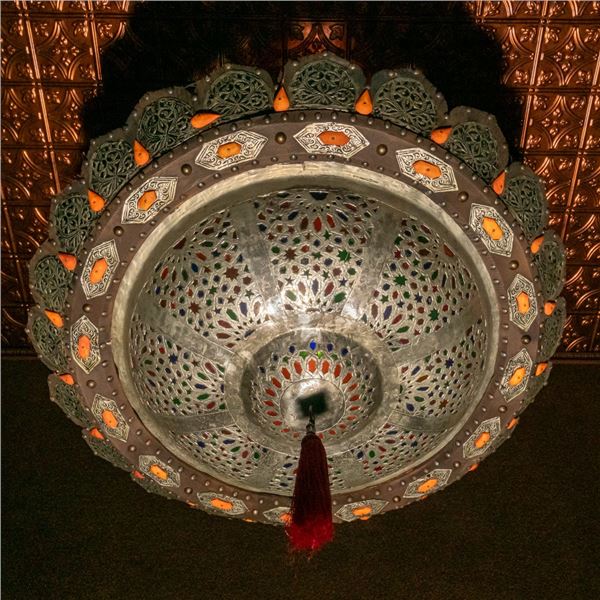 Moroccan Pierced Brass & Stained Glass Lamp