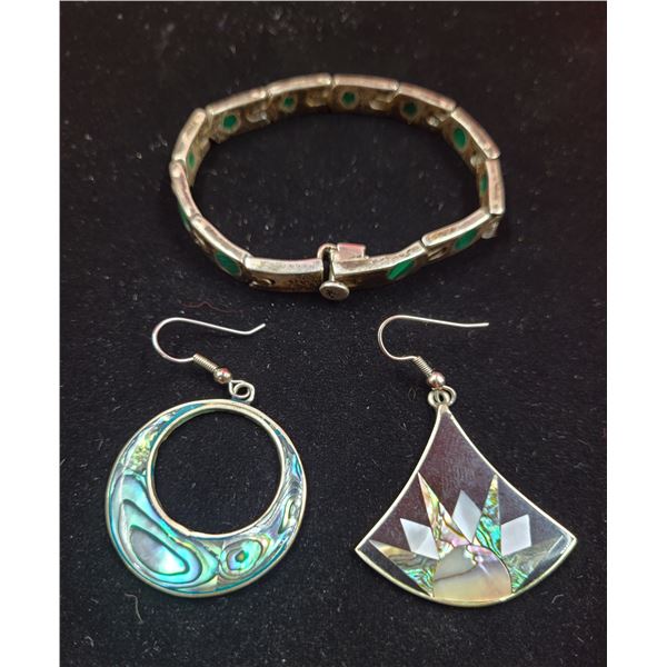 Jewelry Lot w/ 925 Mexican Silver Malachite Bracelet & Earrings