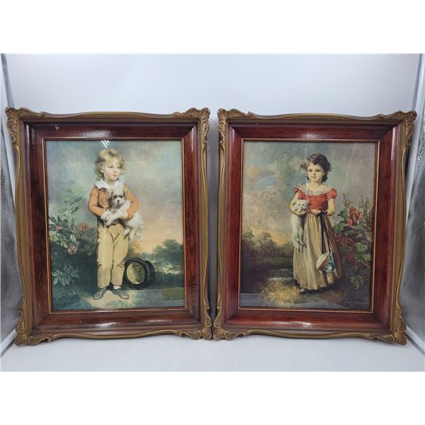 Pair of VTG Framed Boy w/ Dog & Girl w/ Cat Prints by Jane Freeman