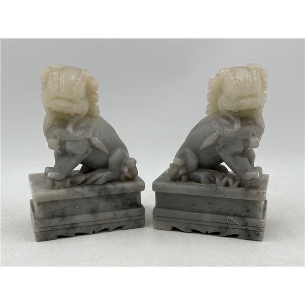 Pair of Carved Marble Chinese Foo Dog Bookends