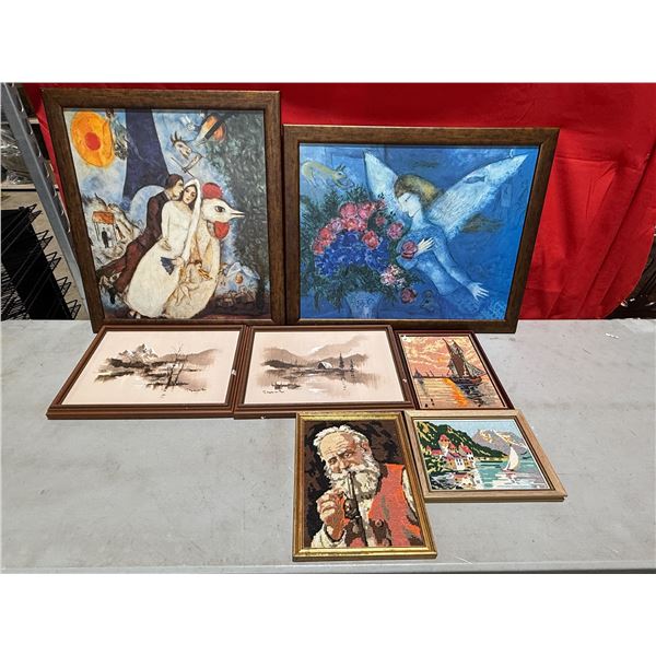 Lot of Assorted Framed Artwork w/ 3 Needlepoint Pieces, Blue Angel & Bride and Groom by Marc Chagall