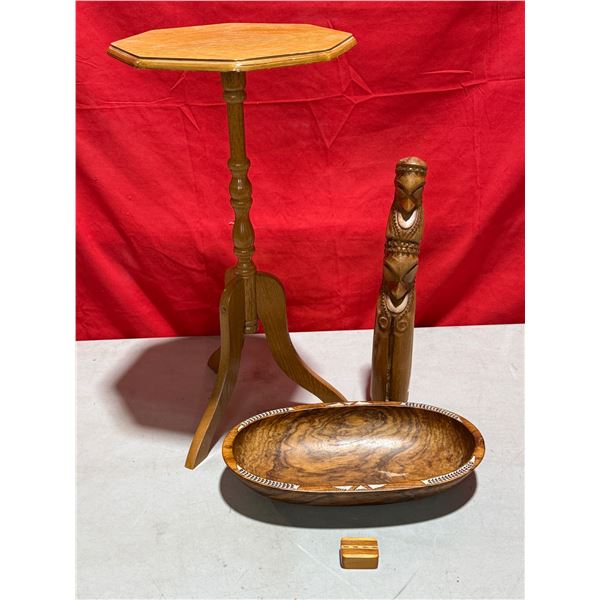 Wooden Lot w/ Side Table, VTG TreenWare Trinket Box, Solomon Pacific Islands Carved Bowl & Carved To