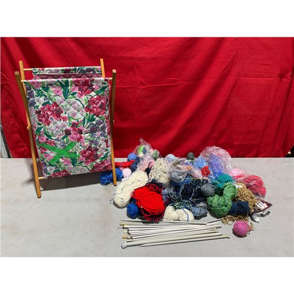 Quilted Fabric Storage Basket, Yarn, & Knitting Needles