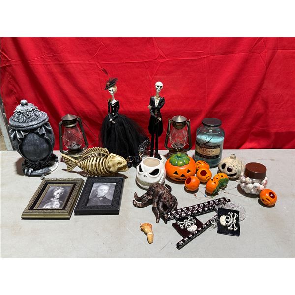 Halloween Decor Lot w/ Lanterns, Fish Skeleton Decor, 2 Skeleton Figures, & More